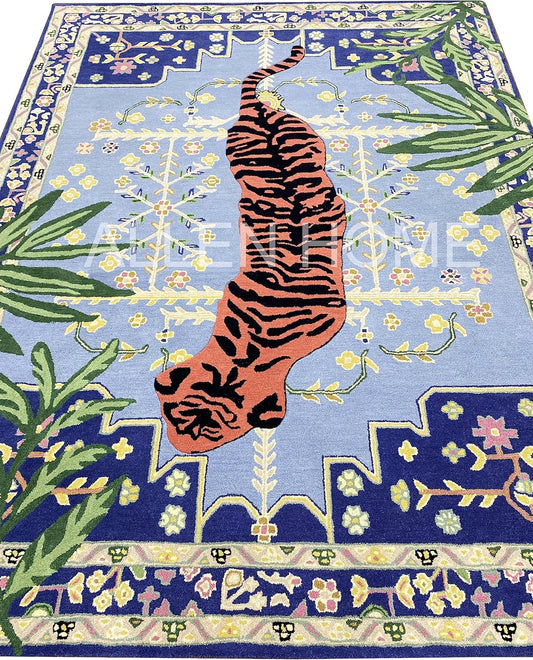 Alfombra de lana con estampado de tigre copetudo a mano, 6 x 9 pies, duradera,