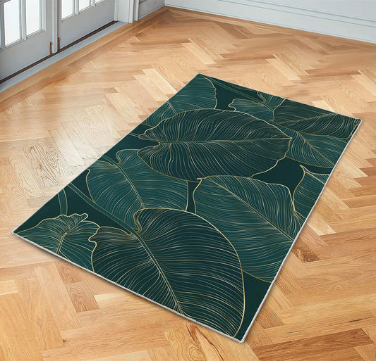Green Rug - Alfombra de lujo con hojas tropicales doradas y naturales, alfombra...