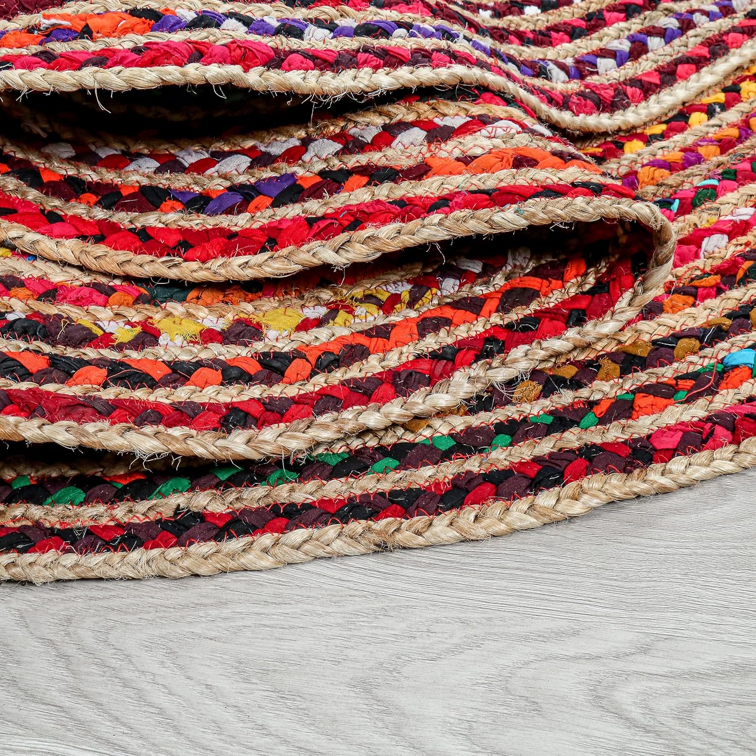 Alfombra redonda de yute tejida a mano de 7 pies - Alfombras bohemias coloridas...