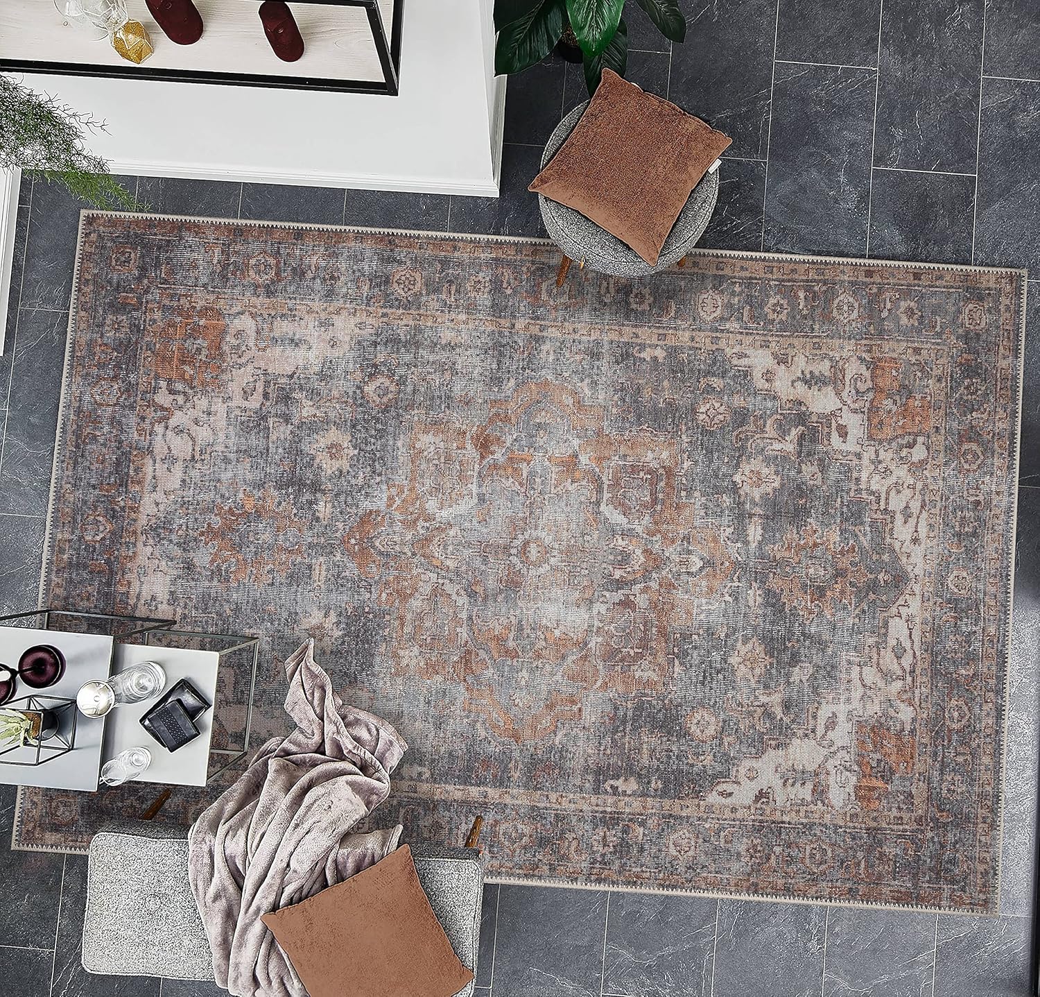 Alfombra lavable a máquina con parte trasera antideslizante para sala de estar,