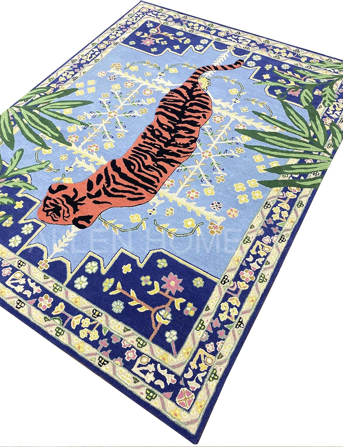 Alfombra de lana con estampado de tigre copetudo a mano, 6 x 9 pies, duradera,...
