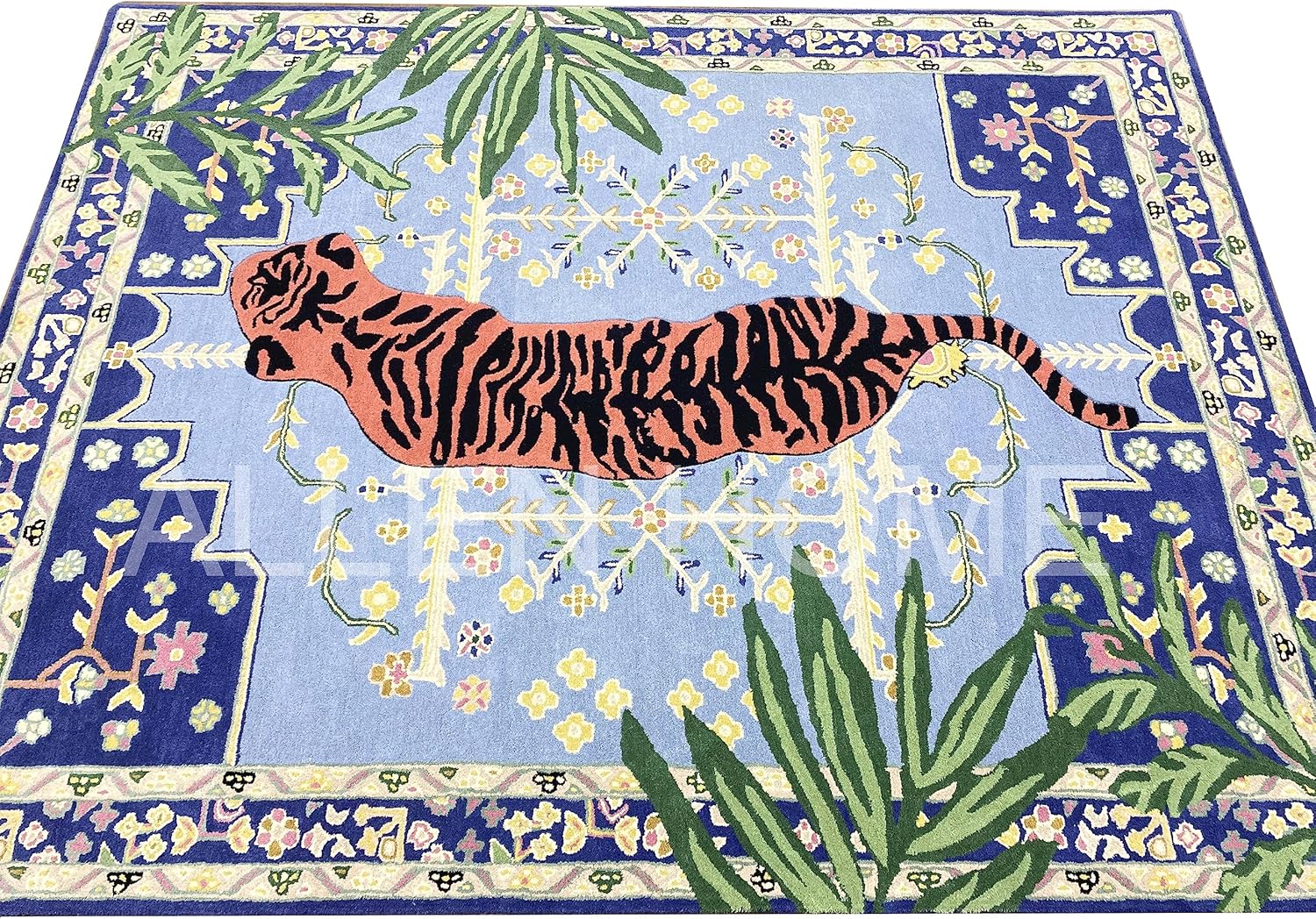 Alfombra de lana con estampado de tigre copetudo a mano, 6 x 9 pies, duradera,...