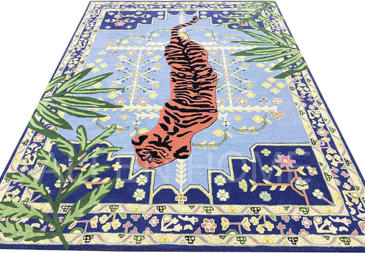 Alfombra de lana con estampado de tigre copetudo a mano, 6 x 9 pies, duradera,