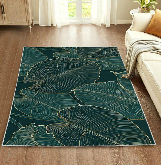 Green Rug - Alfombra de lujo con hojas tropicales doradas y naturales, alfombra...