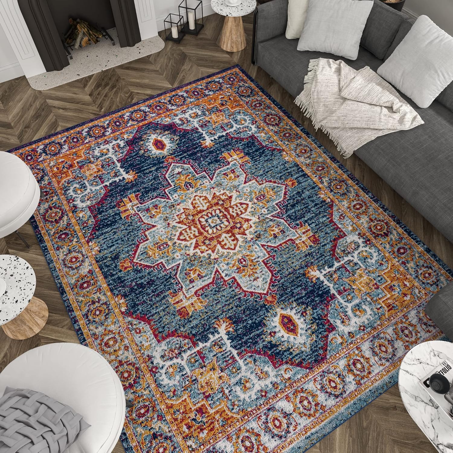 Mila - Alfombra azul de 3 x 5 pies, alfombra de área para sala de estar,...