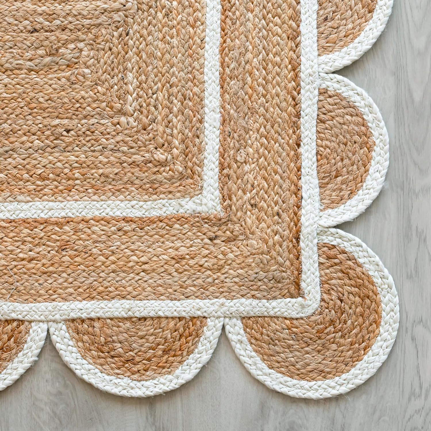 Alfombra festoneada de yute natural, base natural, borde blanco hueso, 2 pies x...