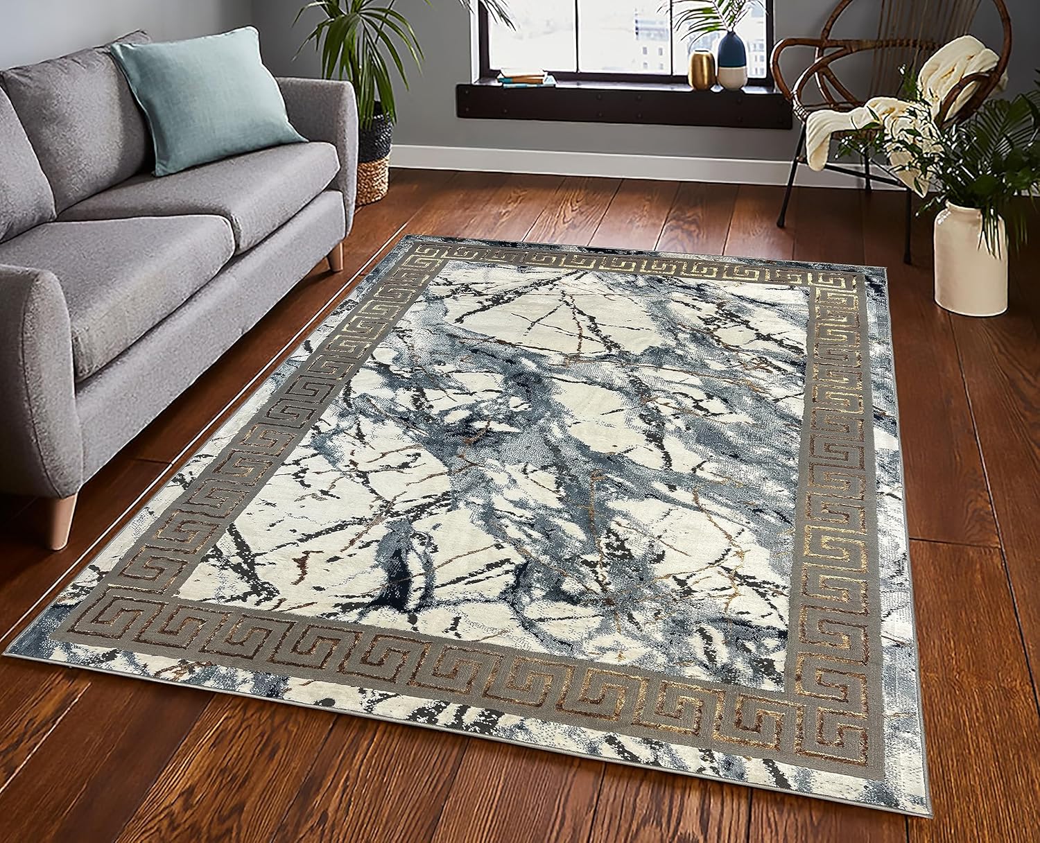 United Rugs HADBA Marble Collection - Alfombra azul de 5 x 7 pies, diseño...