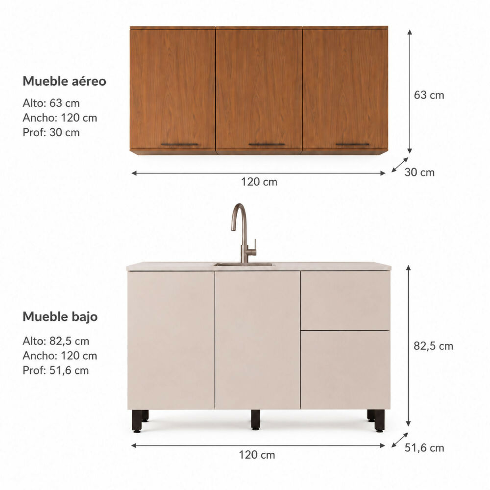 Cocina 120 cm Dominica 5 Puertas 2 Cajones - Natural/Blanco Apagado
