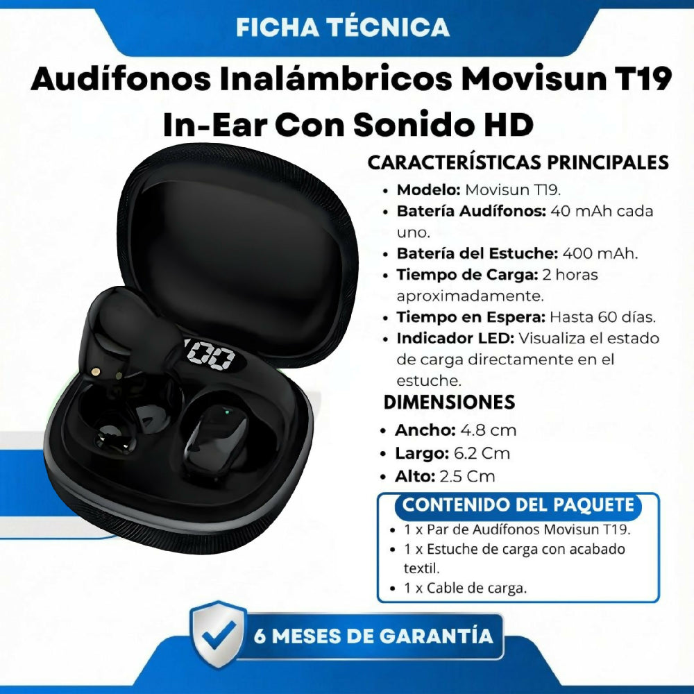 Audífonos Inalámbricos Movisun T19 In-Ear Con Sonido HD Y Estuche De Carga Negro
