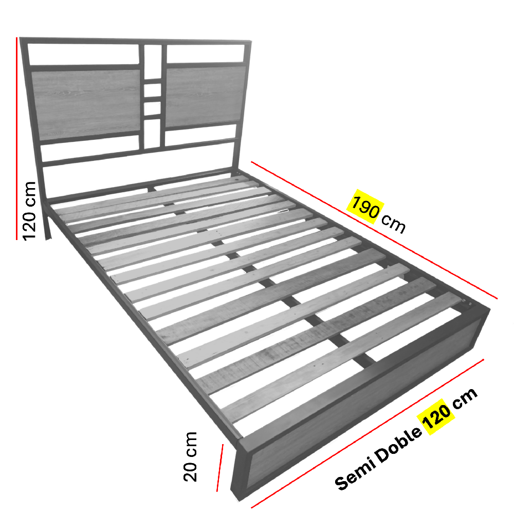 Cama Semidoble Metal Madera Amatista Gris 120 x 190 x 24