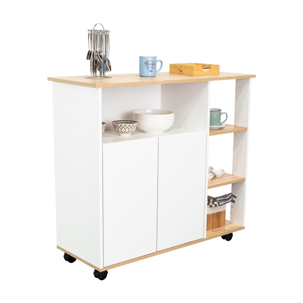 Mesa Auxiliar Ponte, Blanco Perla y Café Claro, con amplia superficie en la mesa