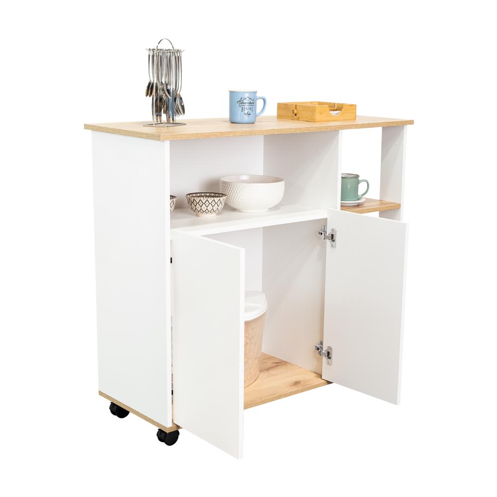 Mesa Auxiliar Ponte, Blanco Perla y Café Claro, con amplia superficie en la mesa