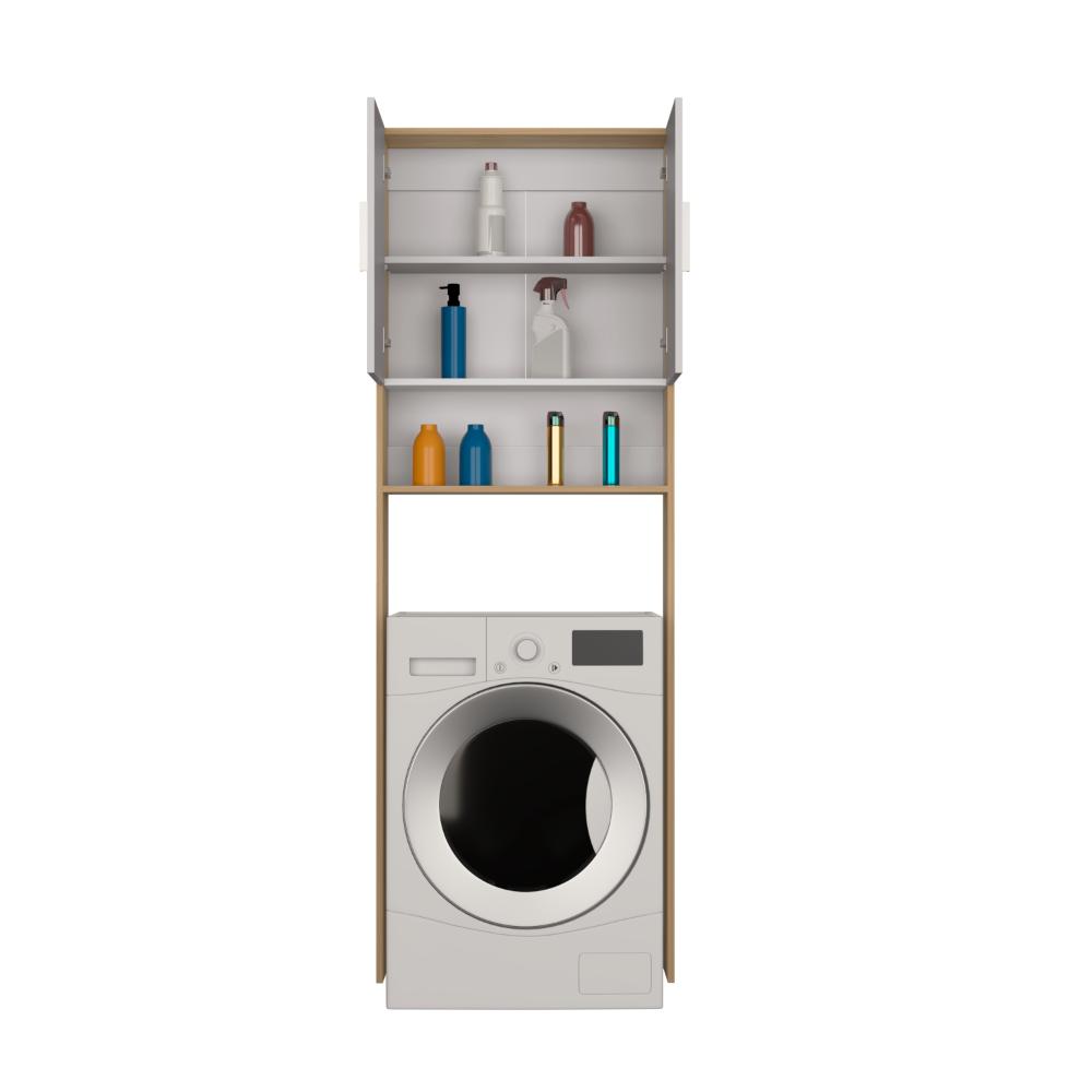 Ahorrador de Espacio para Lavadora, Blanco Duqueza y Fresno, con dos puertas y tres entrepaños