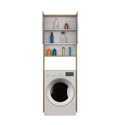 Ahorrador de Espacio para Lavadora, Blanco Duqueza y Fresno, con dos puertas y tres entrepaños