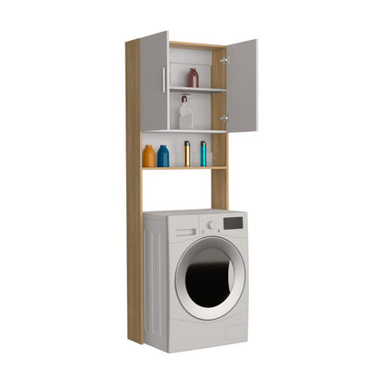 Ahorrador de Espacio para Lavadora, Blanco Duqueza y Fresno, con dos puertas y tres entrepaños