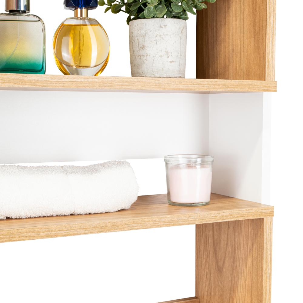 Gabinete de Baño Sensei Eco, Blanco Duqueza y Fresno Europeo, con superficies para ubicar objetos
