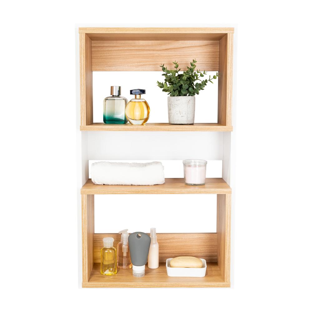Gabinete de Baño Sensei Eco, Blanco Duqueza y Fresno Europeo, con superficies para ubicar objetos