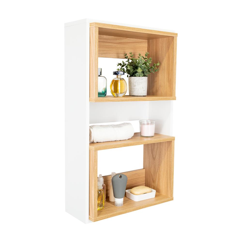 Gabinete de Baño Sensei Eco, Blanco Duqueza y Fresno Europeo, con superficies para ubicar objetos
