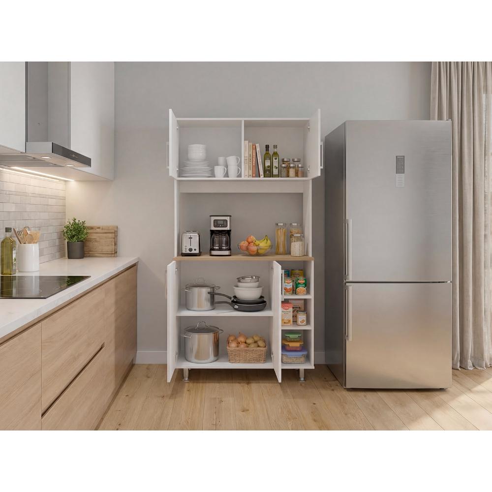 Alacena Keira, Blanco Duqueza y Fresno Europeo, con Entrepaños para Ubicar Elementos de Cocina