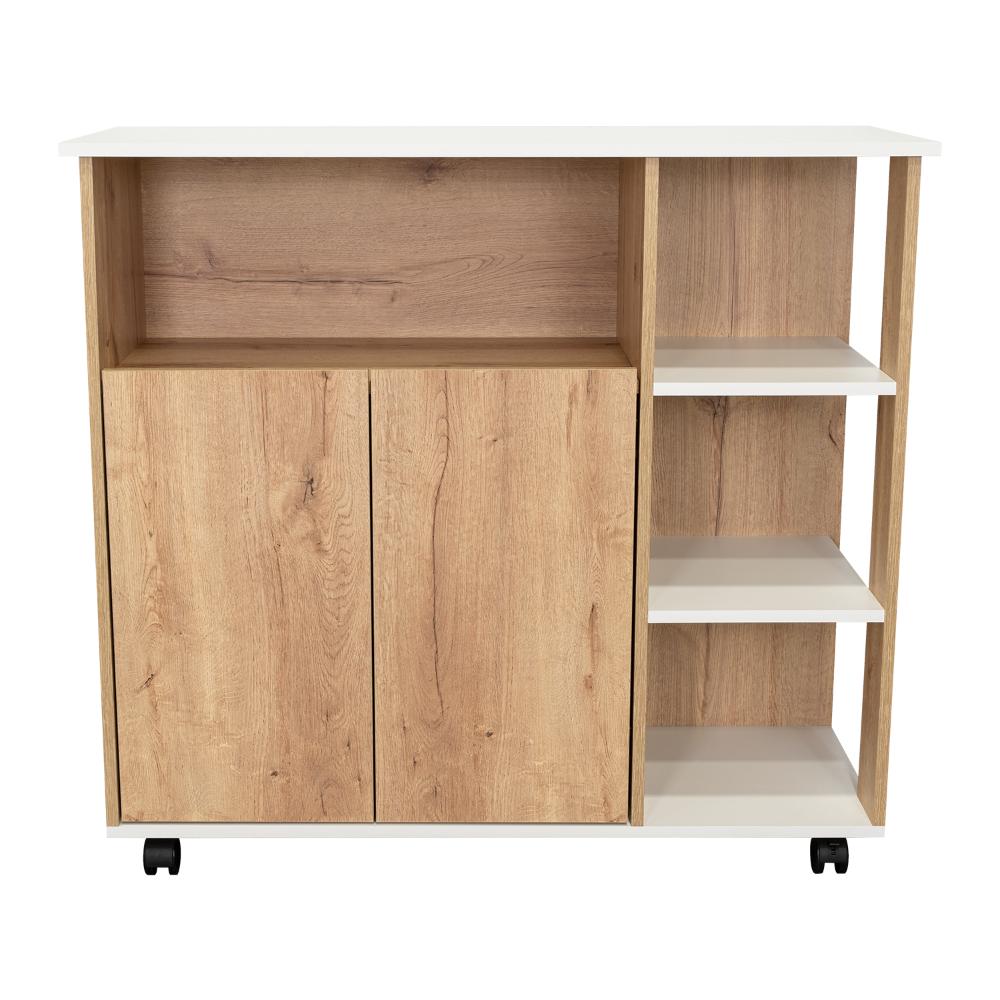 Mesa Auxiliar de Cocina Coralyn, Blanco y Café Claro, con Tres Entrepaños y Rodachines