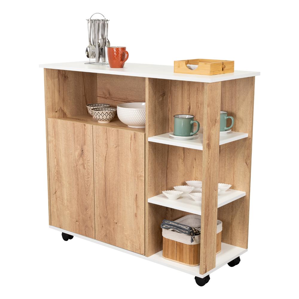 Mesa Auxiliar de Cocina Coralyn, Blanco y Café Claro, con Tres Entrepaños y Rodachines