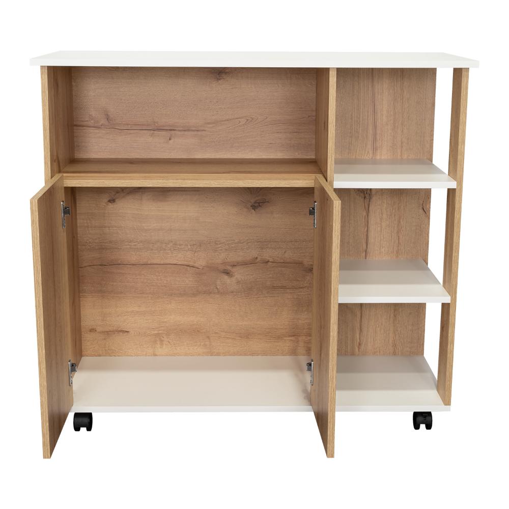 Mesa Auxiliar de Cocina Coralyn, Blanco y Café Claro, con Tres Entrepaños y Rodachines