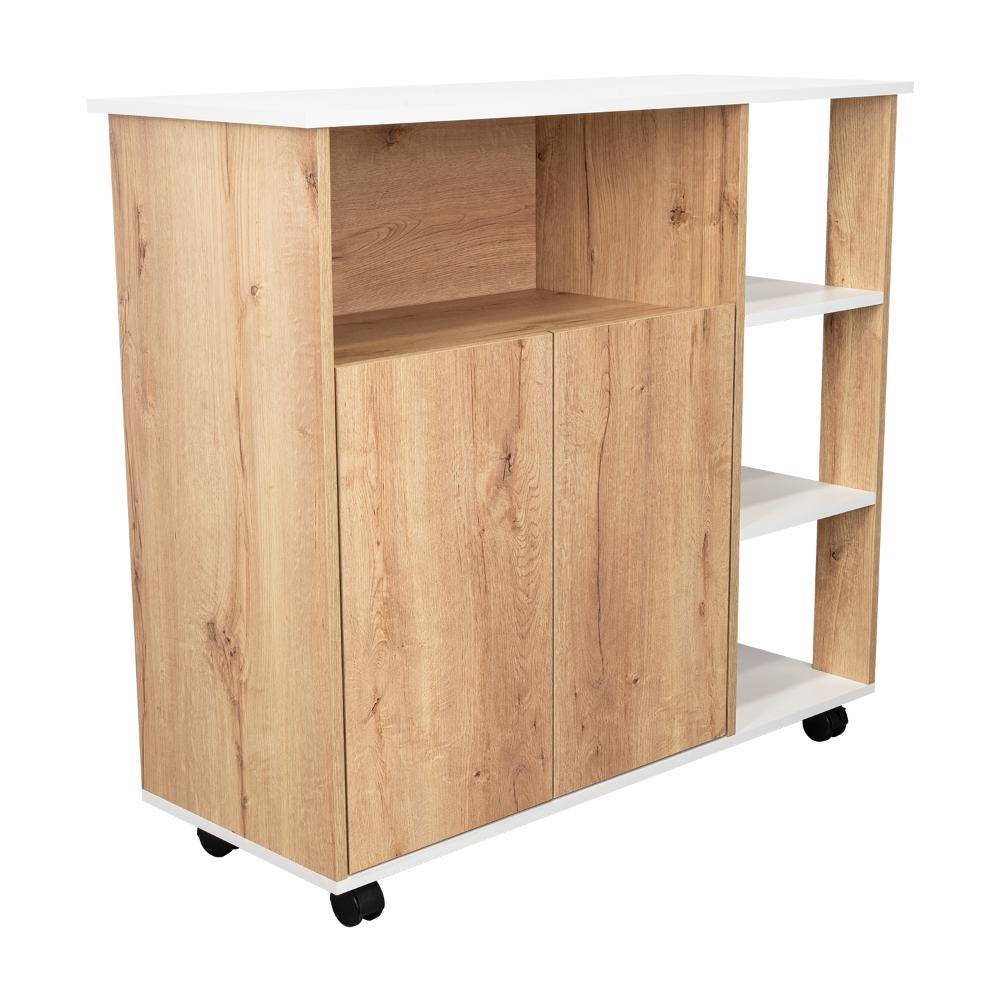 Mesa Auxiliar de Cocina Coralyn, Blanco y Café Claro, con Tres Entrepaños y Rodachines