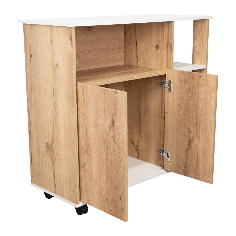 Mesa Auxiliar de Cocina Coralyn, Blanco y Café Claro, con Tres Entrepaños y Rodachines