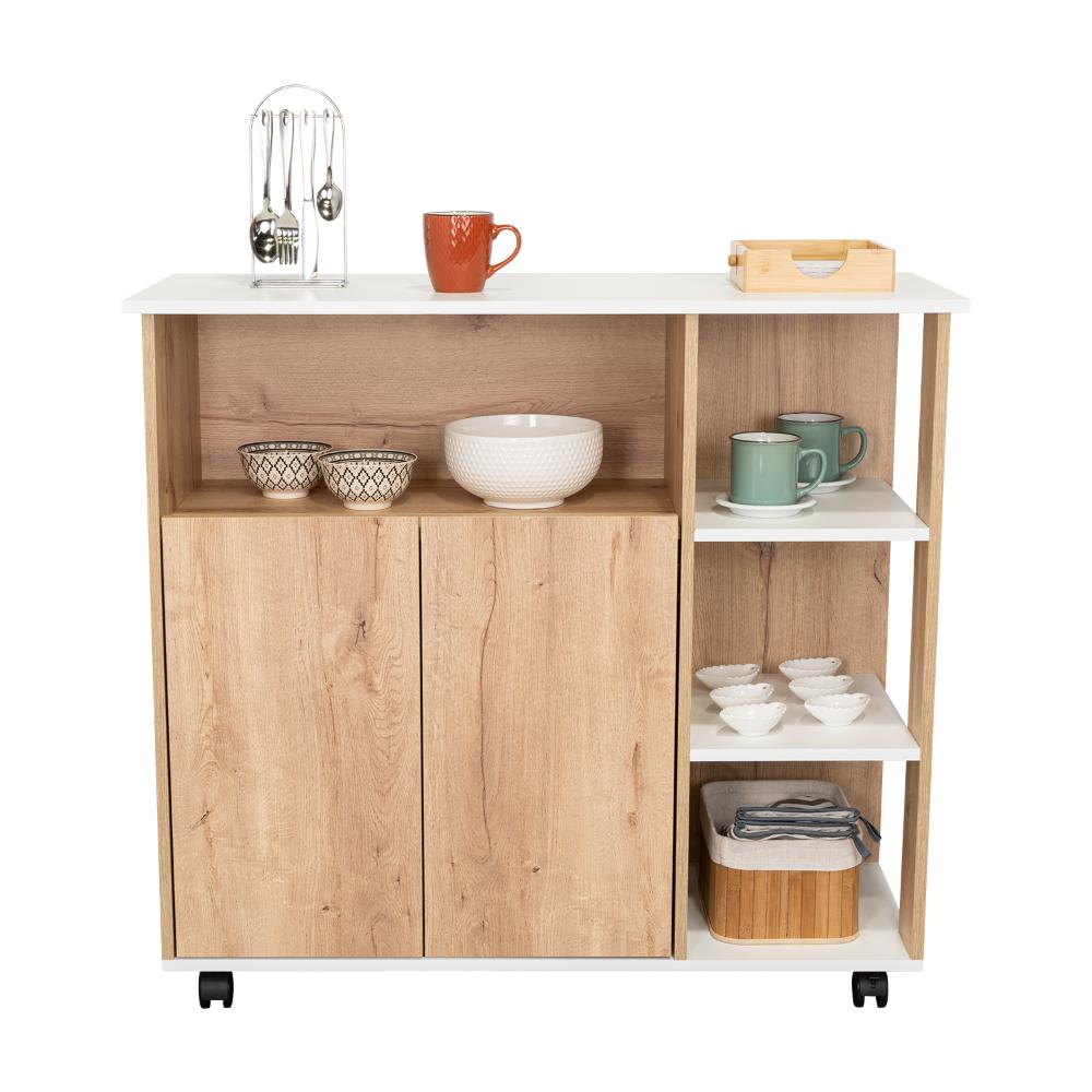 Mesa Auxiliar de Cocina Coralyn, Blanco y Café Claro, con Tres Entrepaños y Rodachines