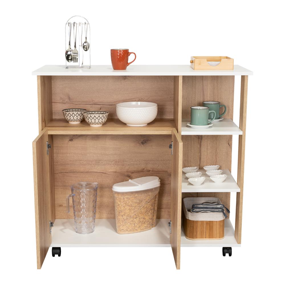 Mesa Auxiliar de Cocina Coralyn, Blanco y Café Claro, con Tres Entrepaños y Rodachines