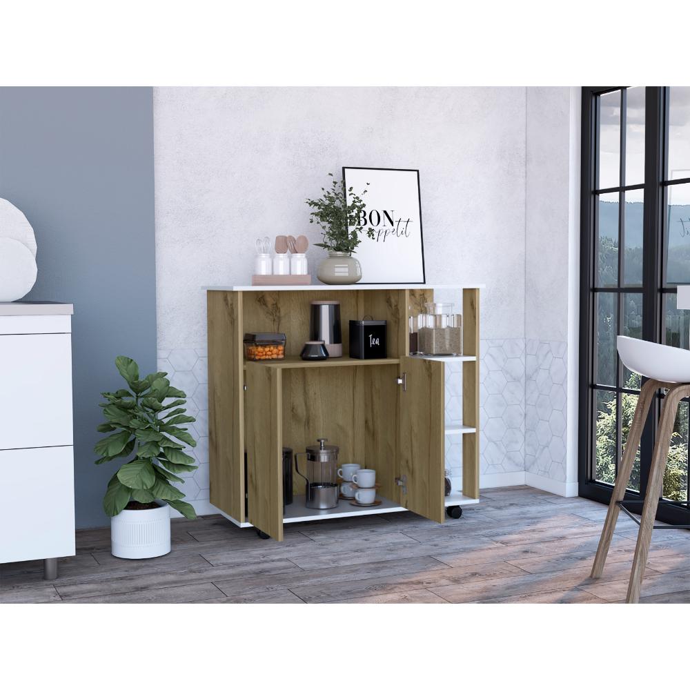 Mesa Auxiliar de Cocina Coralyn, Blanco y Café Claro, con Tres Entrepaños y Rodachines