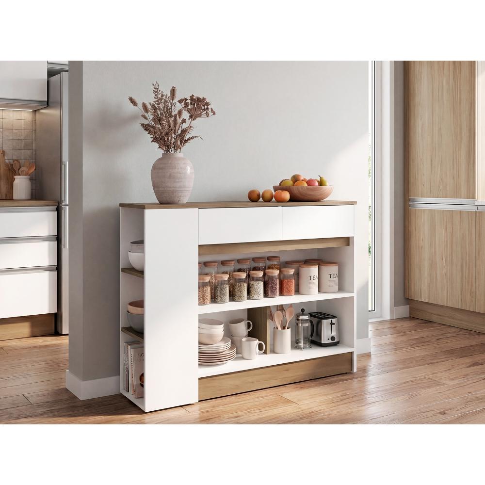 Barra de Cocina Lynton, Fresno y Blanco, con 2 cajones para guardar utencilios de cocina ZF
