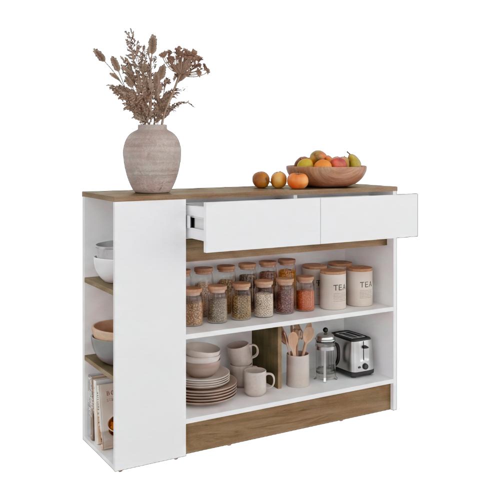 Barra de Cocina Lynton, Fresno y Blanco, con 2 cajones para guardar utencilios de cocina ZF