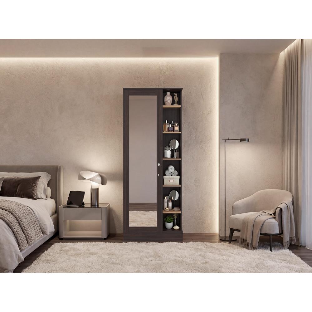Closet Lara Con Espejo, Nogal Europeo y Fresno Europeo, Con Siete Entrepaños y Gran Capacidad De Almacenamiento