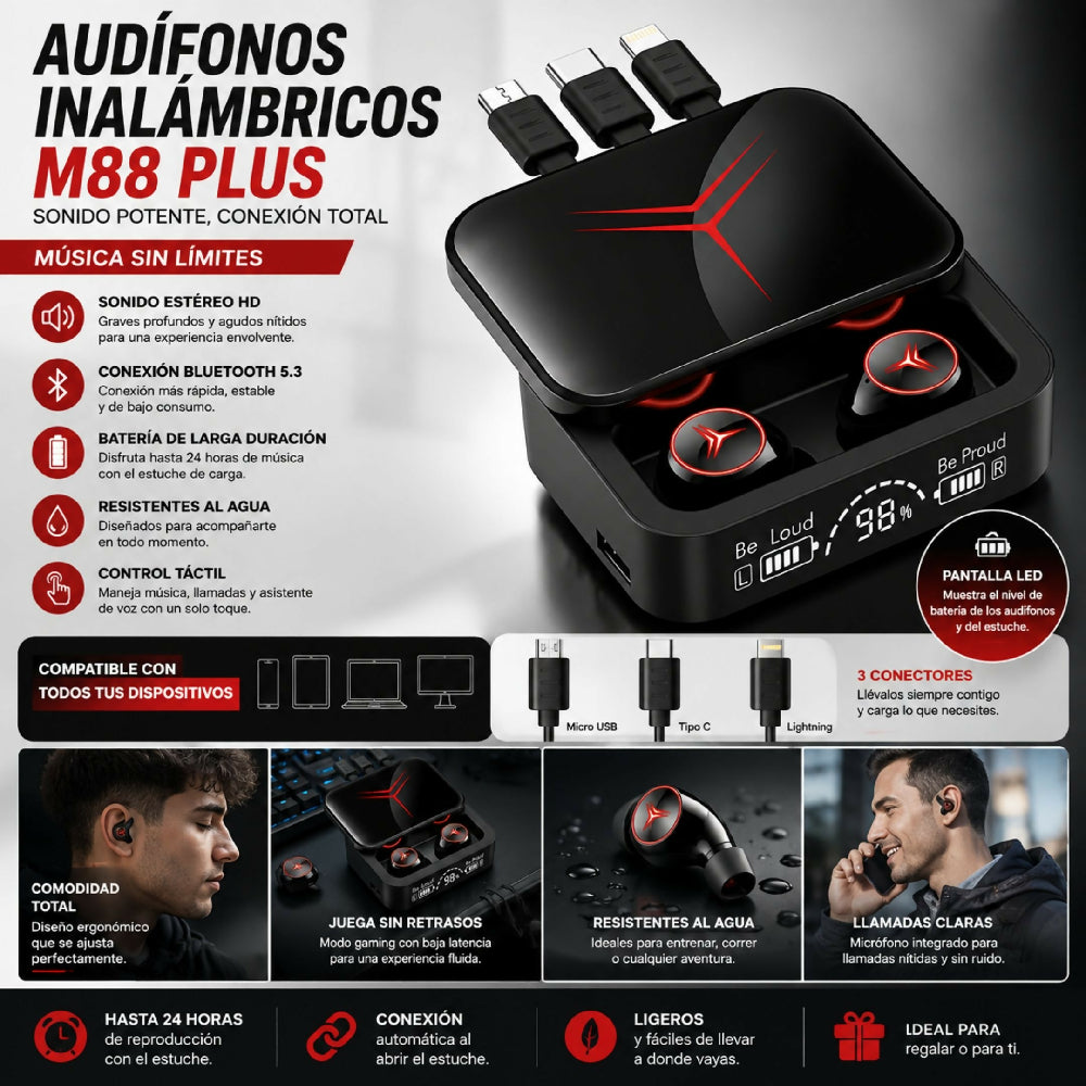 Audífonos Inalámbricos M88 Plus Diseño Ergonómico Y Carga Rápida