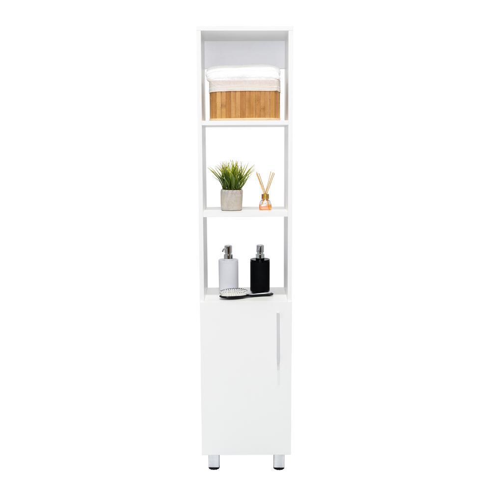 Mueble  Auxiliar para Baño Manchester, Blanco Duqueza, con multiples entrepaños, patas y manijas metalicas