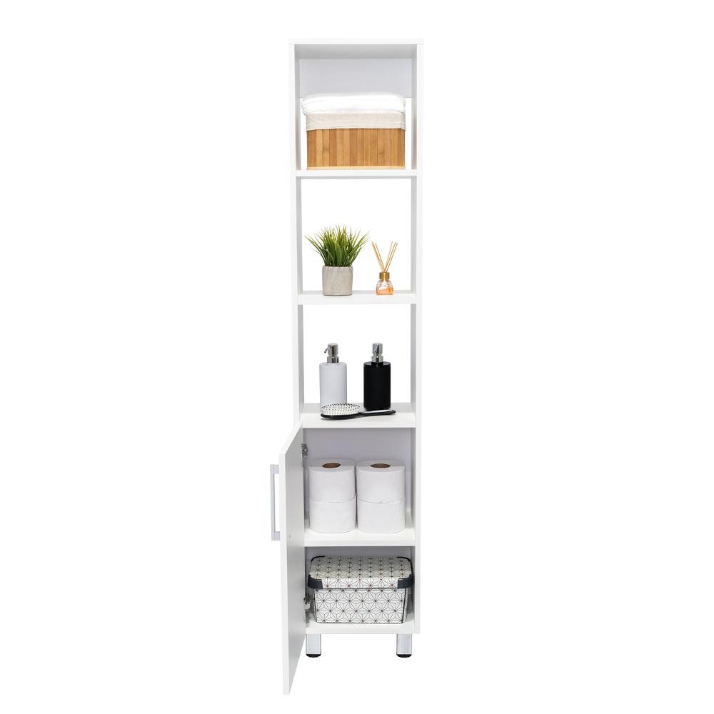 Mueble  Auxiliar para Baño Manchester, Blanco Duqueza, con multiples entrepaños, patas y manijas metalicas