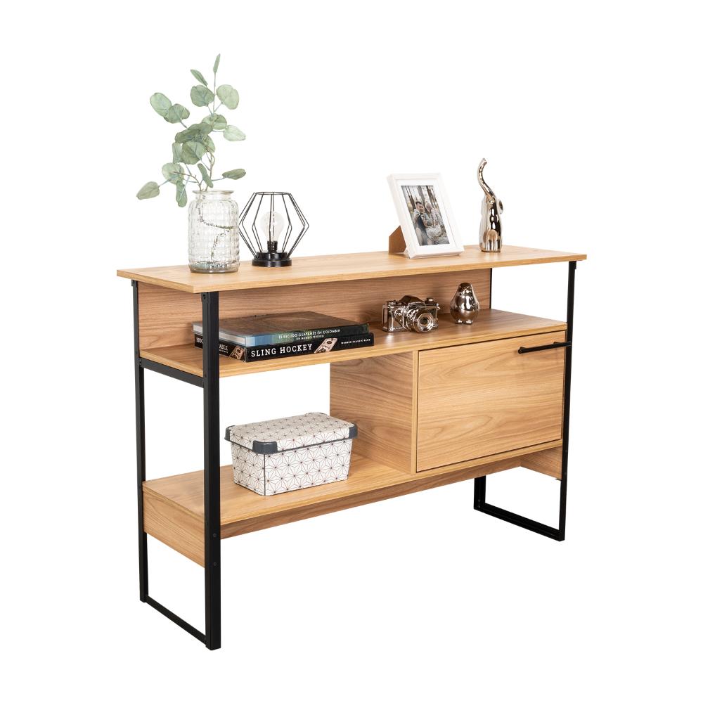Mueble Auxiliar Recibidor Korina, Fresno Europeo, con Patas En Acero Negras