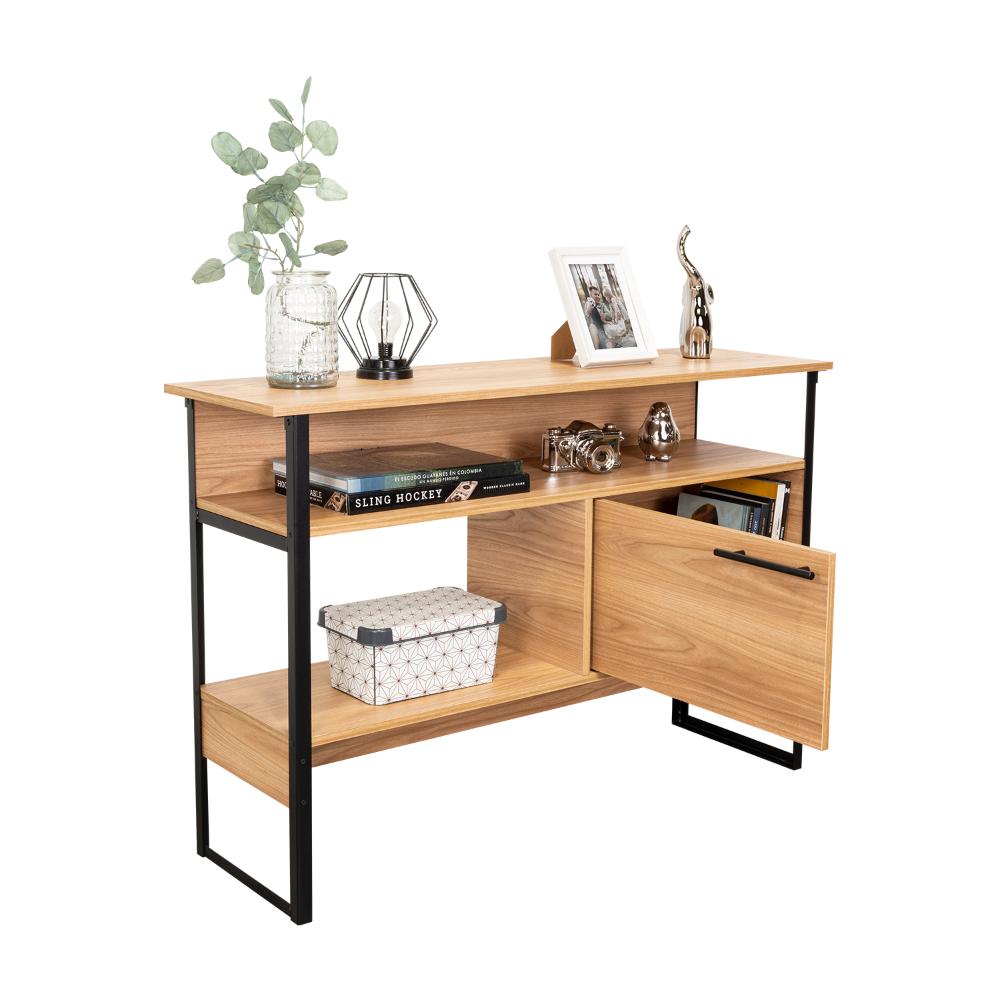 Mueble Auxiliar Recibidor Korina, Fresno Europeo, con Patas En Acero Negras