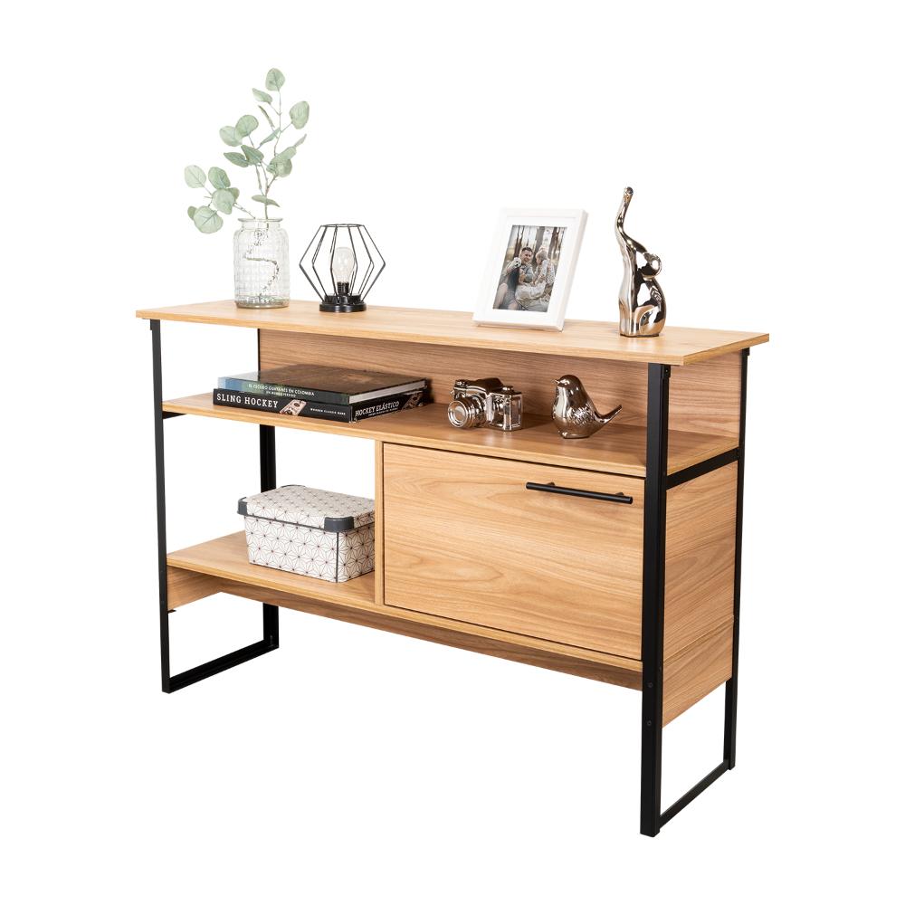 Mueble Auxiliar Recibidor Korina, Fresno Europeo, con Patas En Acero Negras