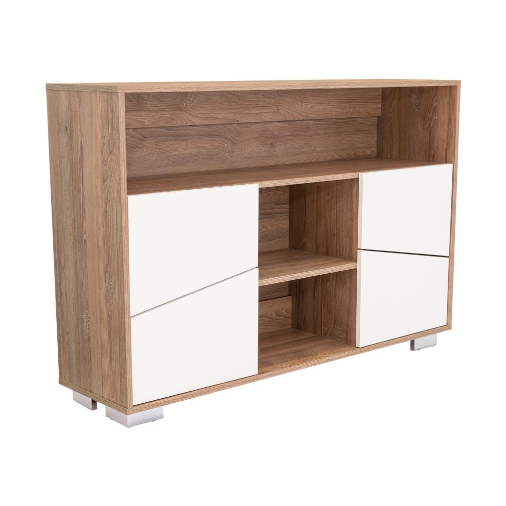 Mesa Auxiliar Recibidor Orus, Miel y Blanco, con Cuatro Puertas y Patas de Acero