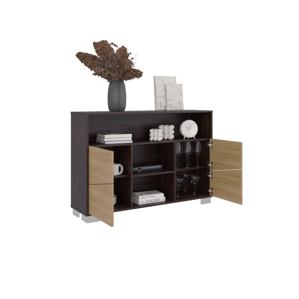 Mesa Auxiliar Recibidor Orus, Caoba y Fresno Europeo, con Cuatro Puertas y Patas de Acero