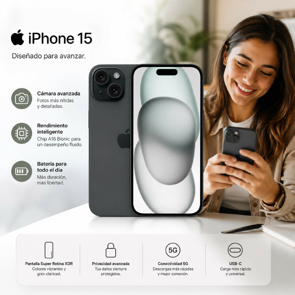Celular Apple IPhone 15 128gb + Obsequio Vidrio Templado Y Forro Protector Negro