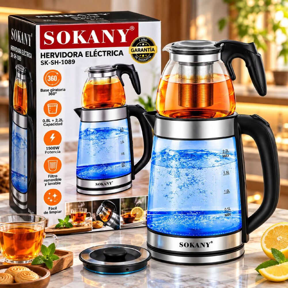 Hervidor Doble Electrico De Vidrio Sokany SK-1089 2.2 Litros Y 0.8 Litros Tetera