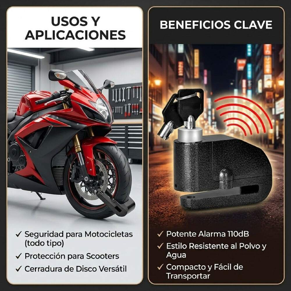 Candado Moto Disco Con Alarma Para Moto + Llaves