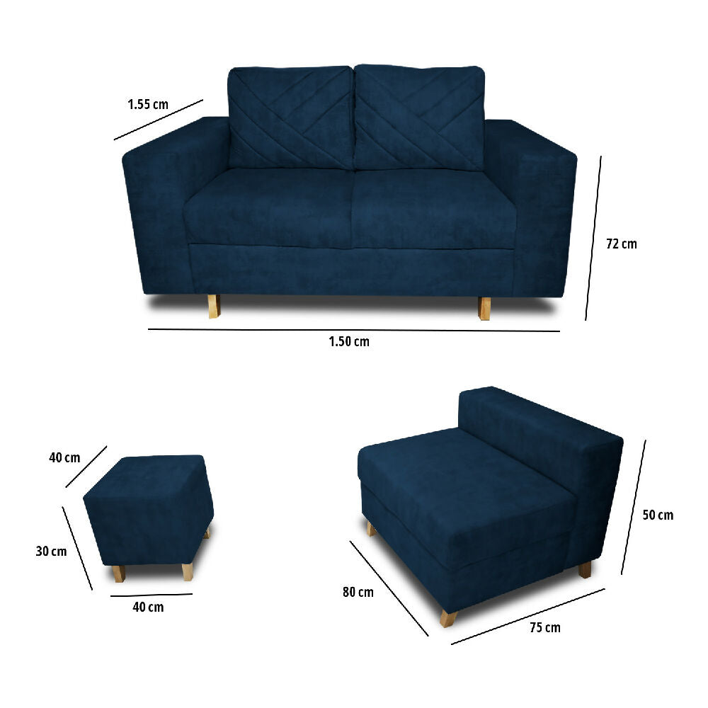 Sala Amsterdam + Silla + Puff en Tela Amigable Con Mascotas 150X72X155 Cm Azul Petroleo