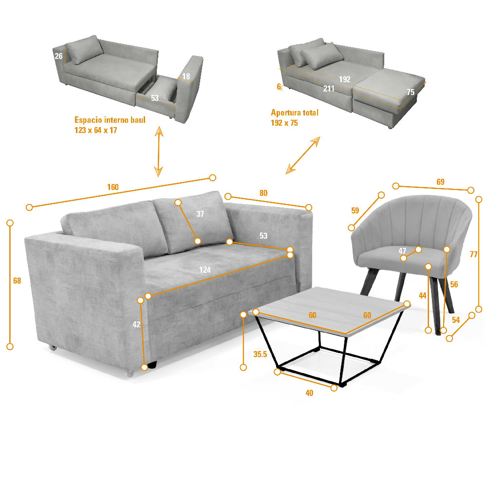 Sala con sofa Cama Baul Baxter Plata + Poltrona Shanghai Mostaza y Mesa Leeds