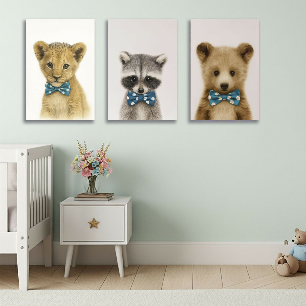 Lienzo Tríptico Infantil Animales Tiernos Set X 3 de 50x34cm c/u