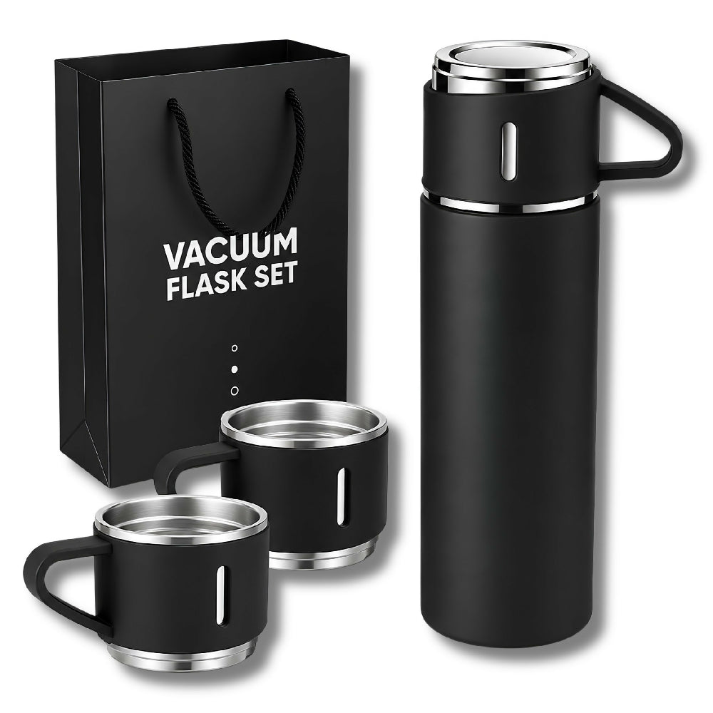 Termo De Acero Inoxidable Vacuum Flask 500ml Con 3 Tazas Vasos Incluidos Negro