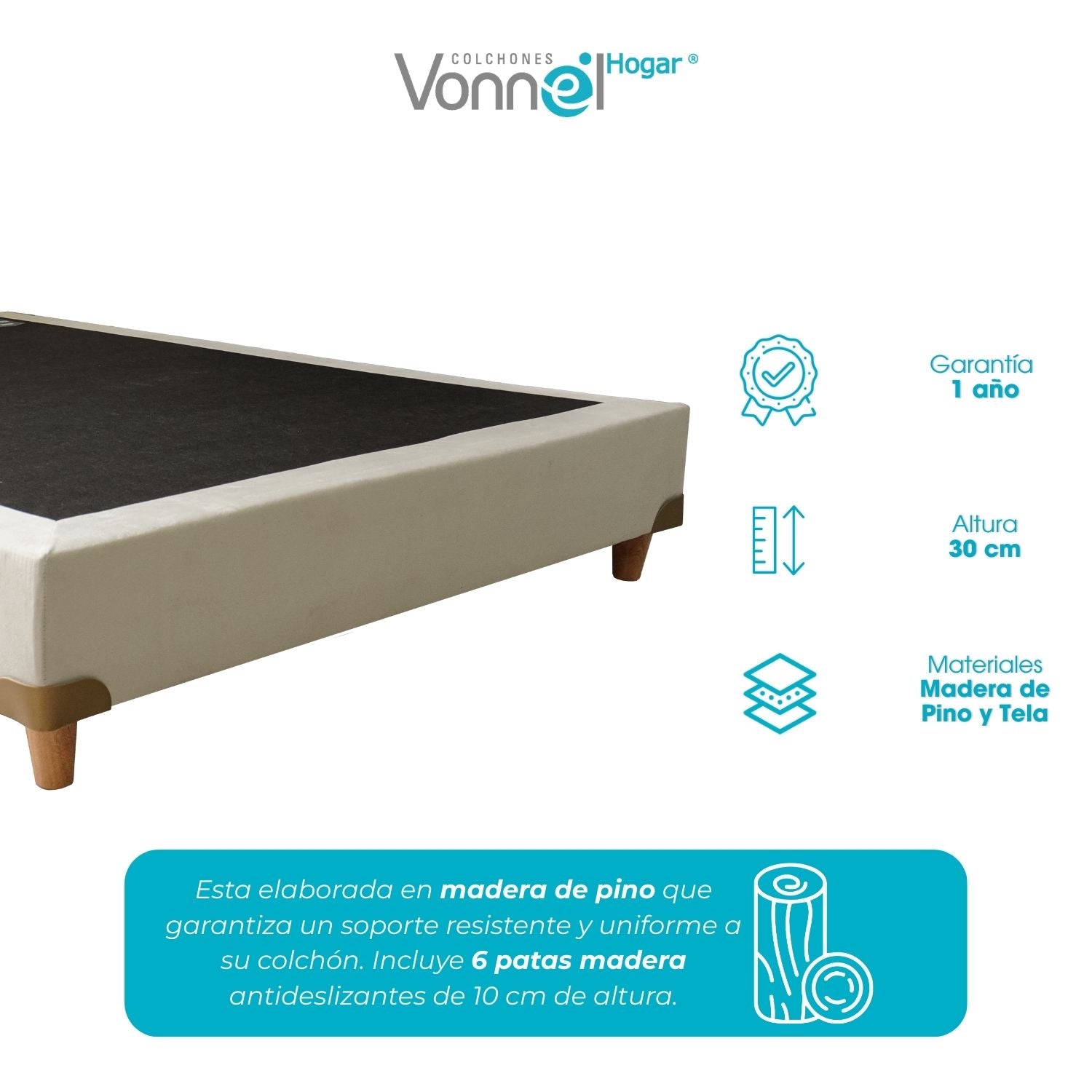 Base Cama Pata Madera 120x190x20, Avellana